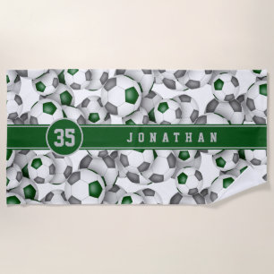 Green grey team colours soccer balls pattern kids beach towel
