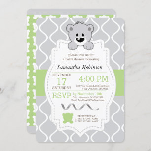 Green & Grey Teddy Bear Baby Shower Invitation