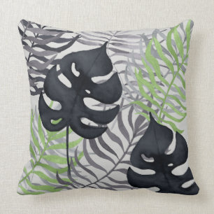 Green & Grey Tropical Leaves Throw Pillow