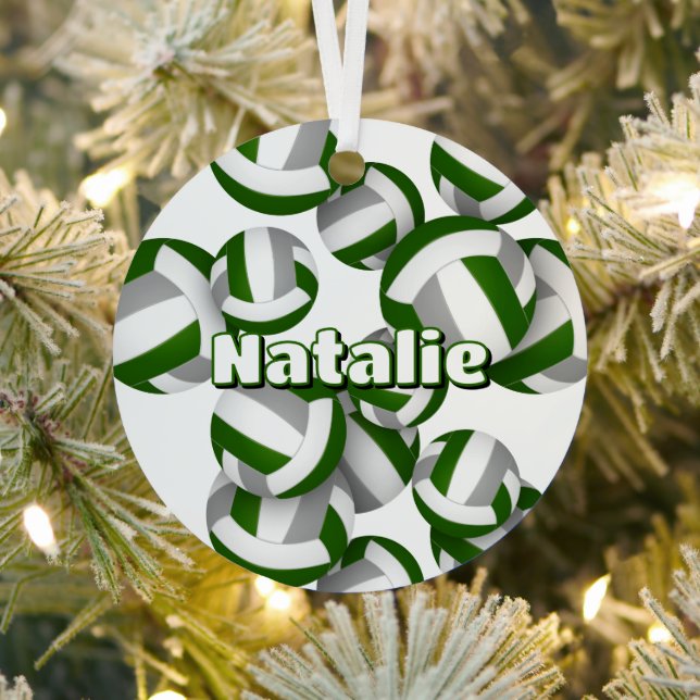 green grey volleyballs w athlete name keepsake metal tree decoration (Insitu)
