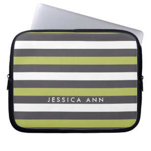 Green Grey White Chic Stripes Laptop Sleeve