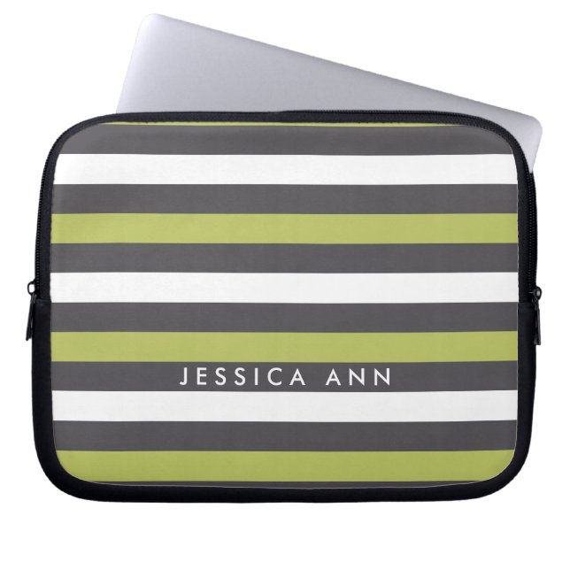 Green Grey White Chic Stripes Laptop Sleeve (Front)