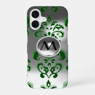 GREEN GREY WHITE DAMASK GEMSTONE MONOGRAM Floral iPhone 16 Case