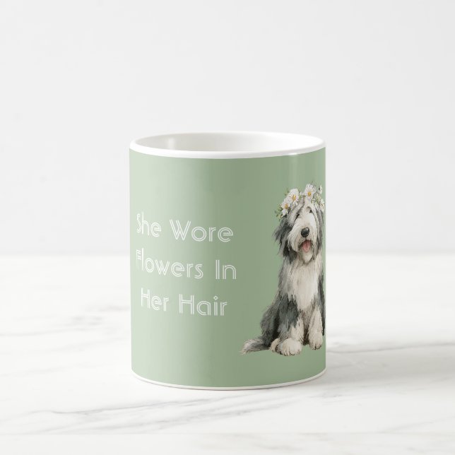 Green Grey White Dog Flowers  Coffee Mug (Center)