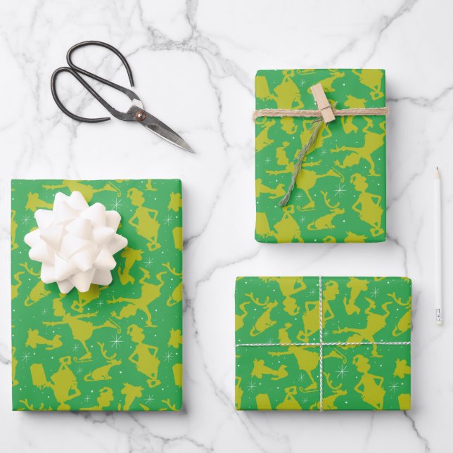 Green Grinch Ice Skating Pattern Wrapping Paper Sheet (Front)