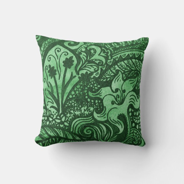 Green Growth Flowers and Leaves Throw Pillow (Front)