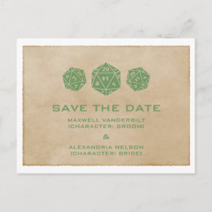 Green Grunge D20 Dice Gamer Save the Date Postcard