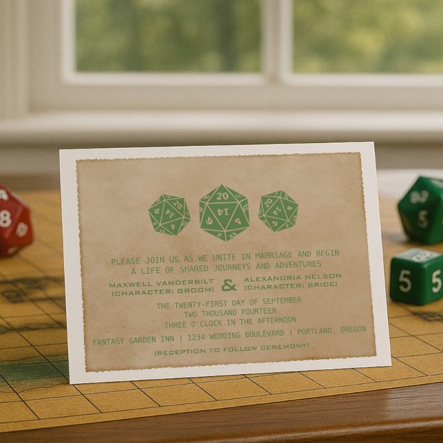 Green Grunge D20 Dice Gamer Wedding Invitation (Green Grunge D20 Dice Gamer Wedding Invitation)
