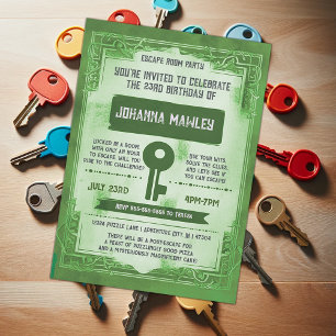 Green Grunge Escape Room Key Birthday Party Invitation