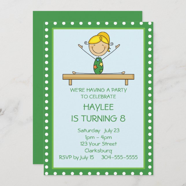 Green Gymnastics Birthday Party Invitation (Front/Back)
