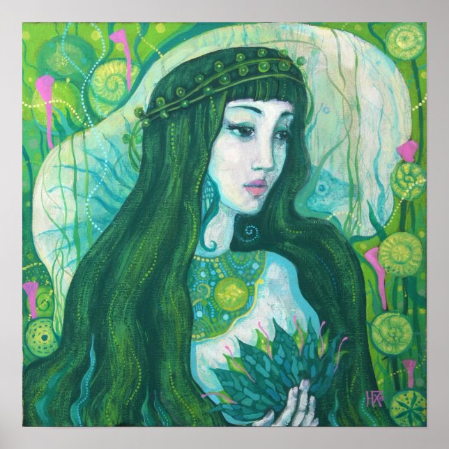 Green Hair Mermaid Underwater Fantasy Surreal Art Poster (Front)