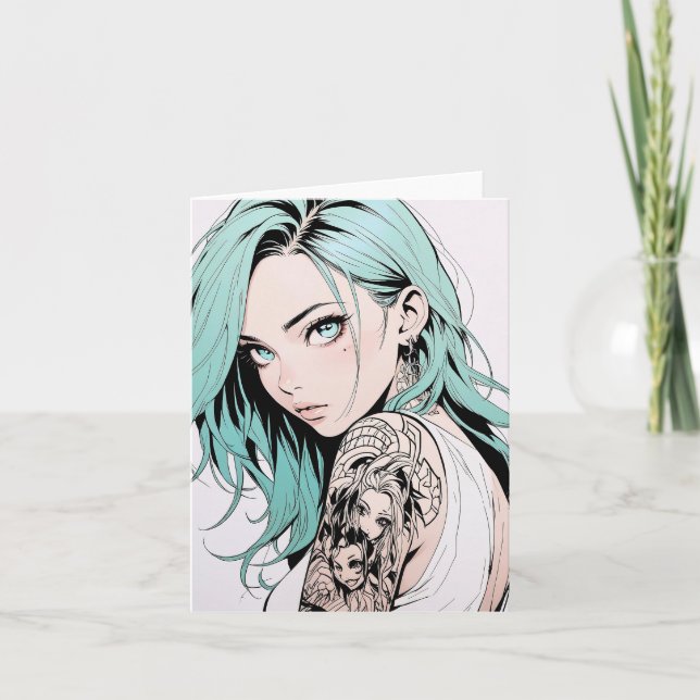 Green Hair Tattoo Anime Girl Invitation (Front)