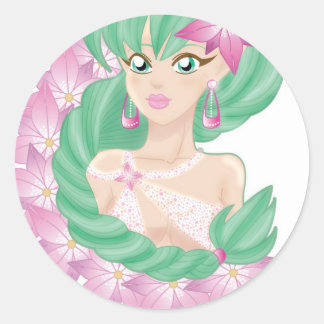 Green haired elf classic round sticker