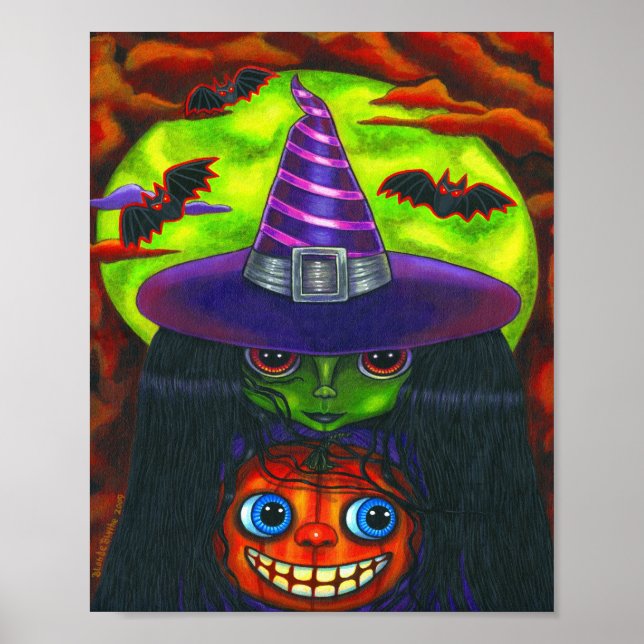 Green Halloween Pumpkin Witch Big Eyes Poster (Front)
