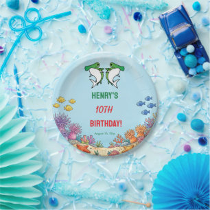 Green Hammerhead Shark Fin-tastic Kid Birthday Paper Plate
