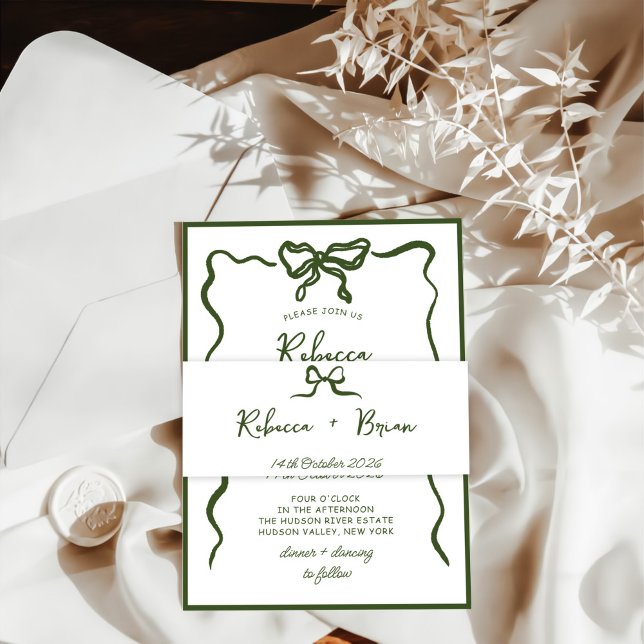 Green Hand Drawn Bow Ribbon Sketch Wedding Invitation Belly Band (Creator Uploaded)