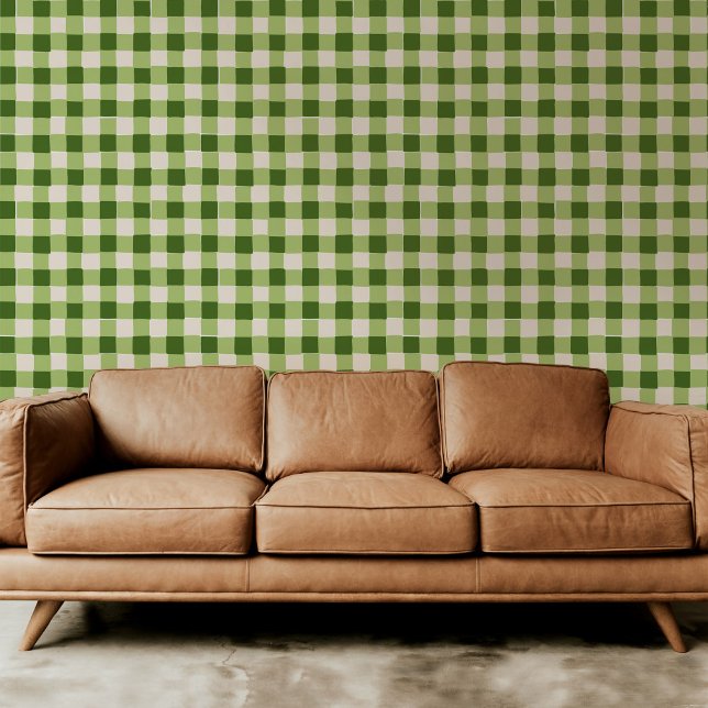 Green Hand-Drawn Chequered Plaid Wallpaper (Playful green on green hand-drawn checkered plaid modern peel and stick wallpaper.)