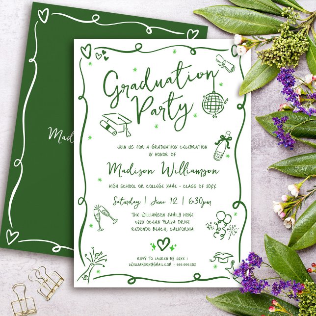 Green Hand Drawn Doodle Graduation Fun White Party Invitation (Creator Uploaded)