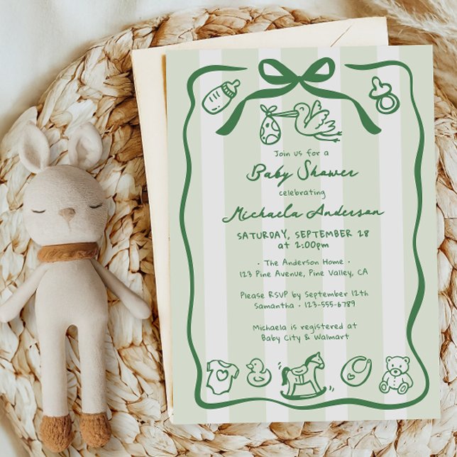 Green Hand Drawn Doodle Whimsical Baby Shower Invitation (Creator Uploaded)