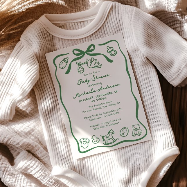 Green Hand Drawn Doodle Whimsical Baby Shower Invitation (Creator Uploaded)
