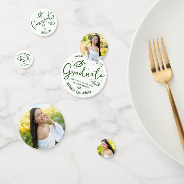 Green Hand Drawn Doodles Graduation 3 Photo White Confetti (Group)