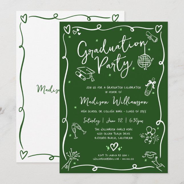 Green Hand Drawn Doodles Style Graduation Party Invitation (Front/Back)