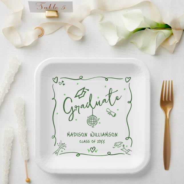 Green Hand Drawn Doodles White Graduation Quirky Paper Plate (Wedding)