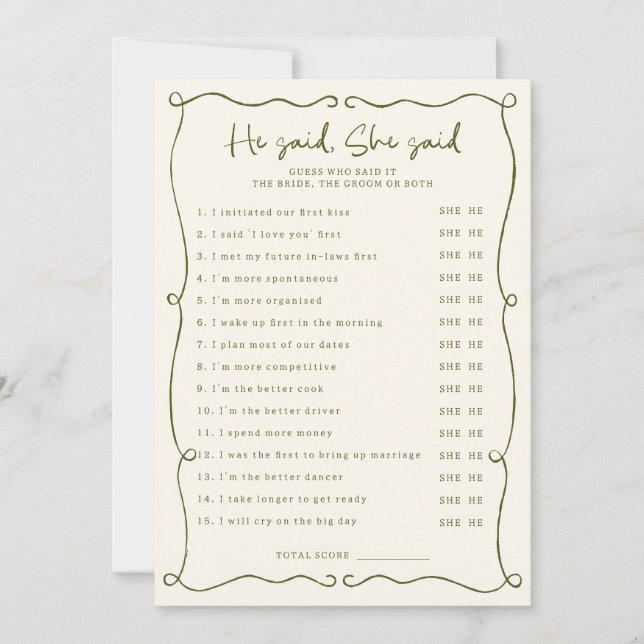 Green Hand Drawn He said She said Game Card (Front)