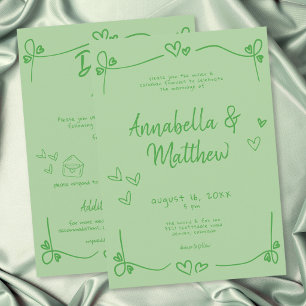 Green Hand Drawn Heart Whimsical Modern Wedding Invitation