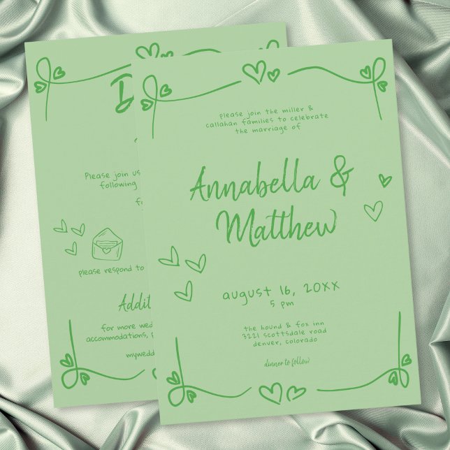 Green Hand Drawn Heart Whimsical Modern Wedding  Invitation (Green Hand Drawn Heart Whimsical Modern Wedding Invitation)