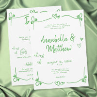 Green Hand Drawn Heart Whimsical Modern Wedding