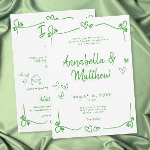 Green Hand Drawn Heart Whimsical Modern Wedding Invitation