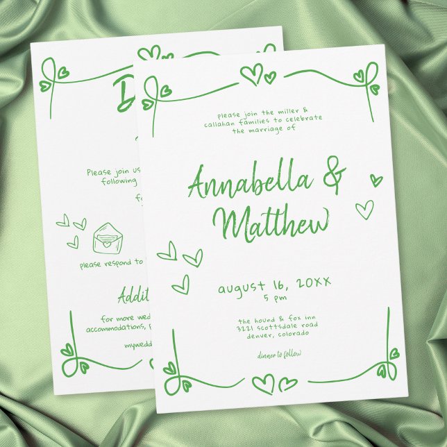 Green Hand Drawn Heart Whimsical Modern Wedding  Invitation (Green Hand Drawn Heart Whimsical Modern Wedding Invitation)
