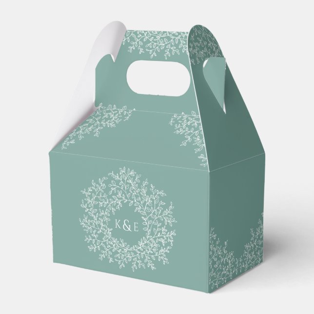 Green hand drawn leaf monogram art circles favour box (Front Side)