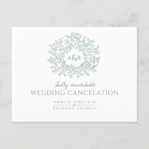Green hand drawn leaf monogram wedding cancellatio announcement postcard