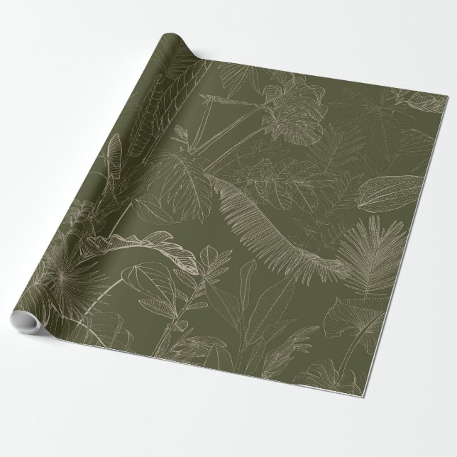 Green hand drawn line tropical palm leaves. wrapping paper (Unrolled)