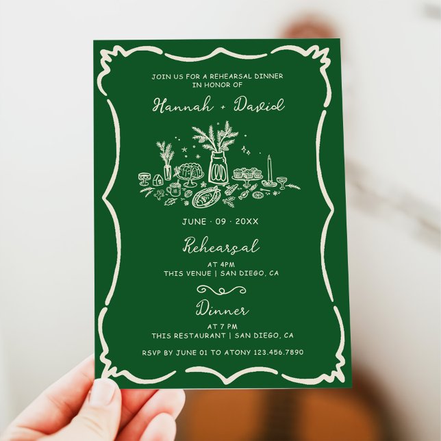 Green Hand Drawn Modern Rehearsal Dinner Table Invitation (Creator Uploaded)