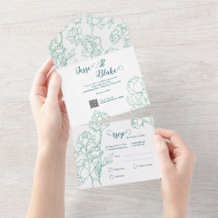 Green Hand Drawn Peony Flowers Wedding All In One Invitation