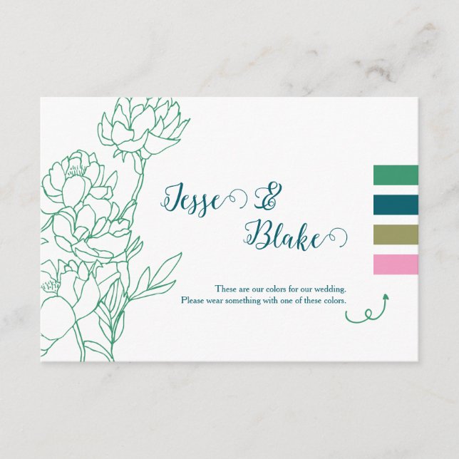 Green Hand Drawn Peony Flowers Wedding Enclosure Card (Front)