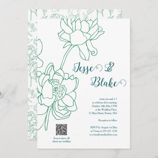 Green Hand Drawn Peony Flowers Wedding Invitation (Front/Back)