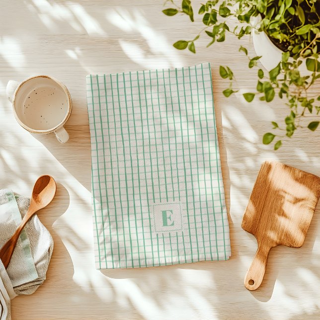 Green Hand Drawn Plaid Kitchen Towel with Initial (green plaid kitchen towel with monogram)