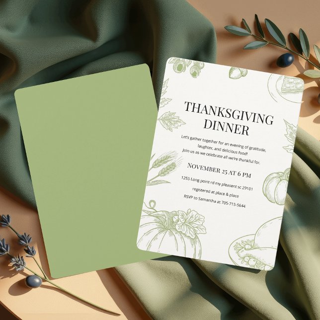 Green Hand-Drawn Thanksgiving Dinner  Invitation (Creator Uploaded)