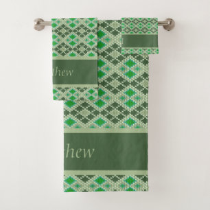 Green Hand Knit Sweater Look Geometric Pattern Bath Towel Set