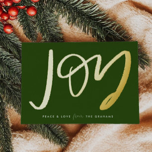 Green Hand-Lettered Joy Gold Foil Holiday Card