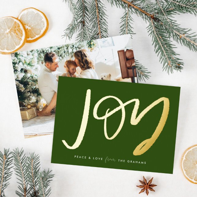 Green Hand-Lettered Joy Photo Gold (Hand-Lettered Joy gold foiled on a festive green holiday card with your photo on the back.)