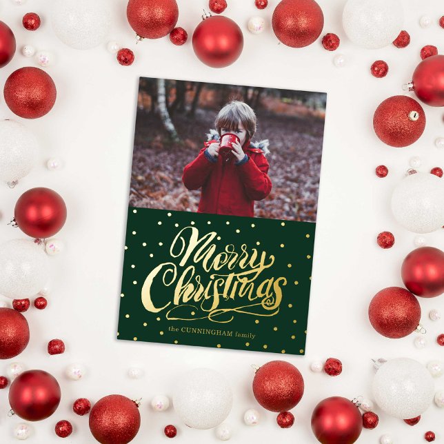 Green Hand Lettered Merry Christmas  (Stylish Hand Lettered Merry Christmas Photo Holiday Card surrounded by red & white holiday ornaments)