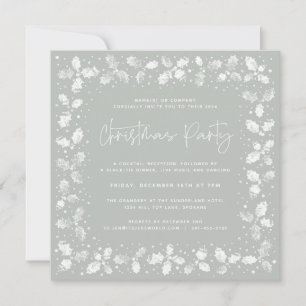 Green Hand Printed Holly+Berries Christmas Party Invitation