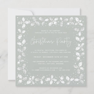Green Hand Printed Holly+Berries Christmas Party Invitation