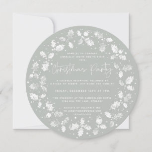 Green Hand Printed Holly+Berries Christmas Party Invitation