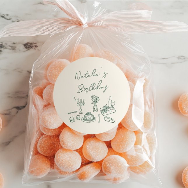 Green Hand Written Drawn Tableware Birthday Dinner Classic Round Sticker (Creator Uploaded)